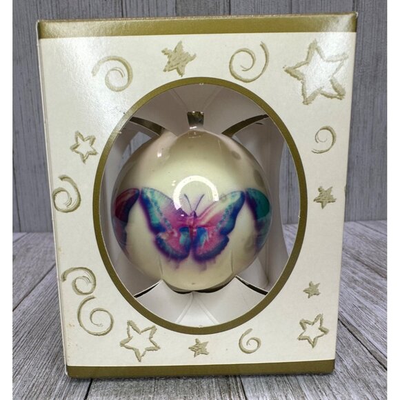 Vtg Vallow LLC Christmas Blown Glass Ball Ornament Butterfly Design Box 2" DIA - Picture 1 of 6